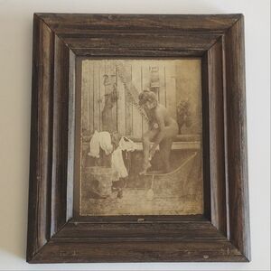 Signed 60s/70s Rolland Hendrickson Lady Bathing with Admirer Framed Sepia